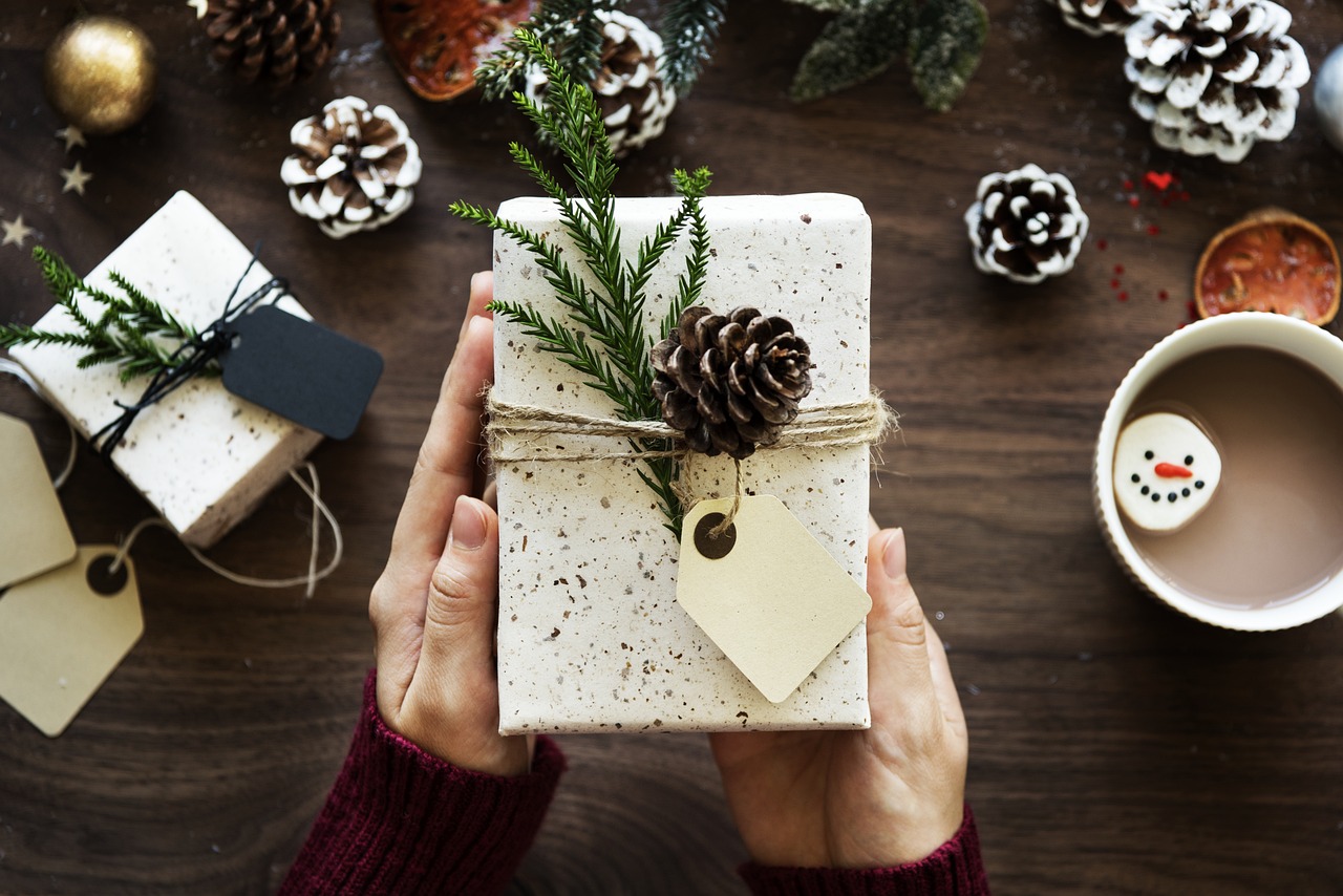Pacchetto regalo decorato con pigne