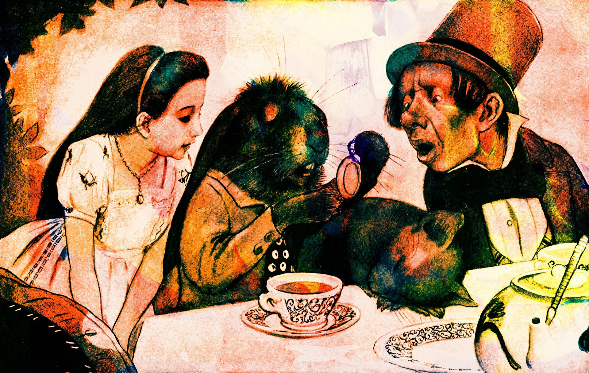 Illustrazione di alice con il cappellaio matto