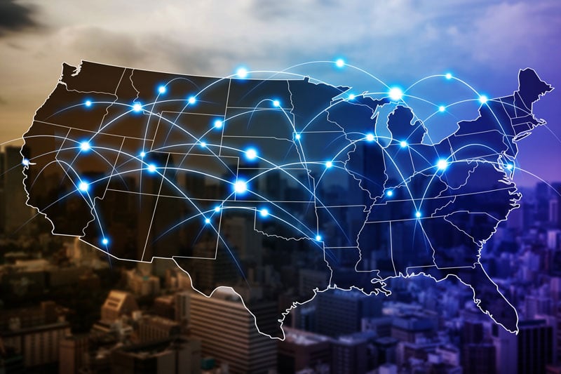Mappa degli Stati Uniti con connessioni tra gli stati
