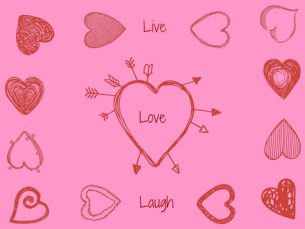 Illustrazione rosa con cuori rossi e scritta love
