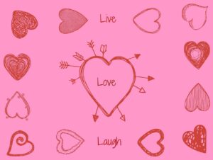 Illustrazione rosa con cuori rossi e scritta love