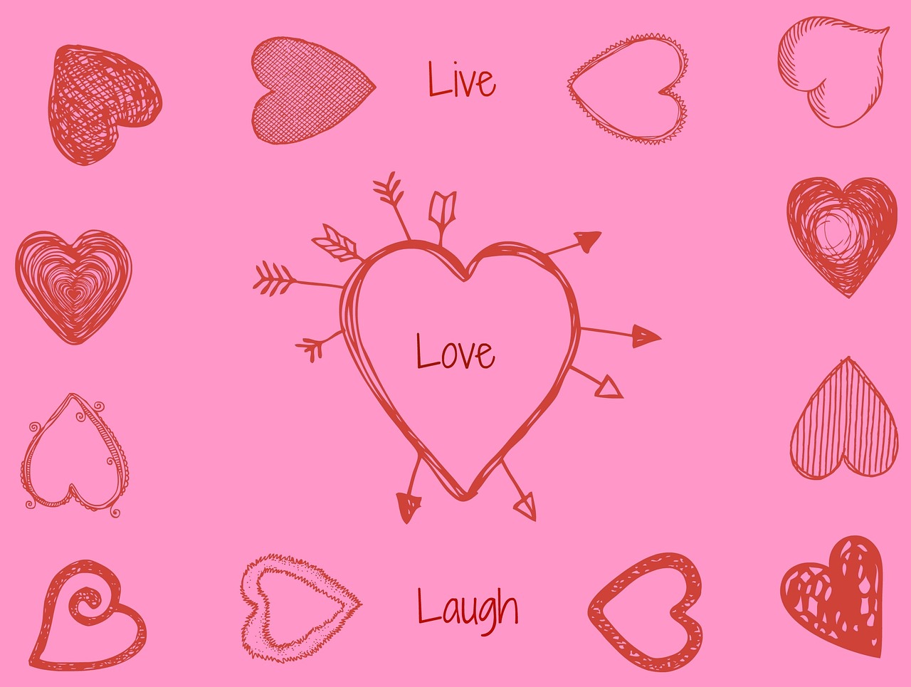 Illustrazione rosa con cuori rossi e scritta love